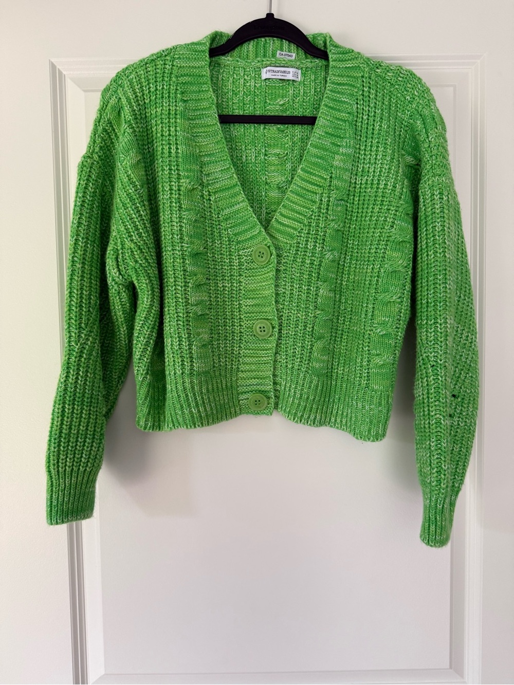 stradivarius Bright Green Chunky Cable Knit Button-Front Cardigan